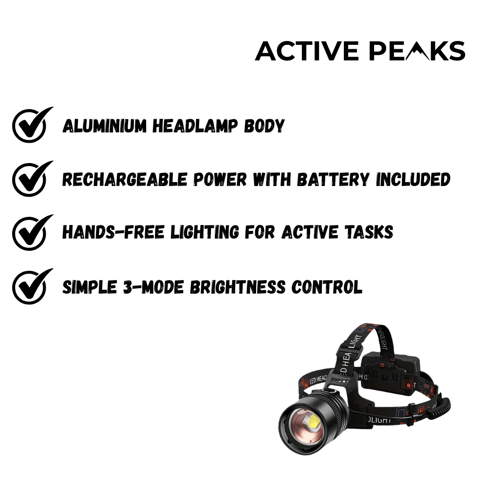 Head Torch Rechargeable LED Aluminium | Active Peaks - Active Peaks