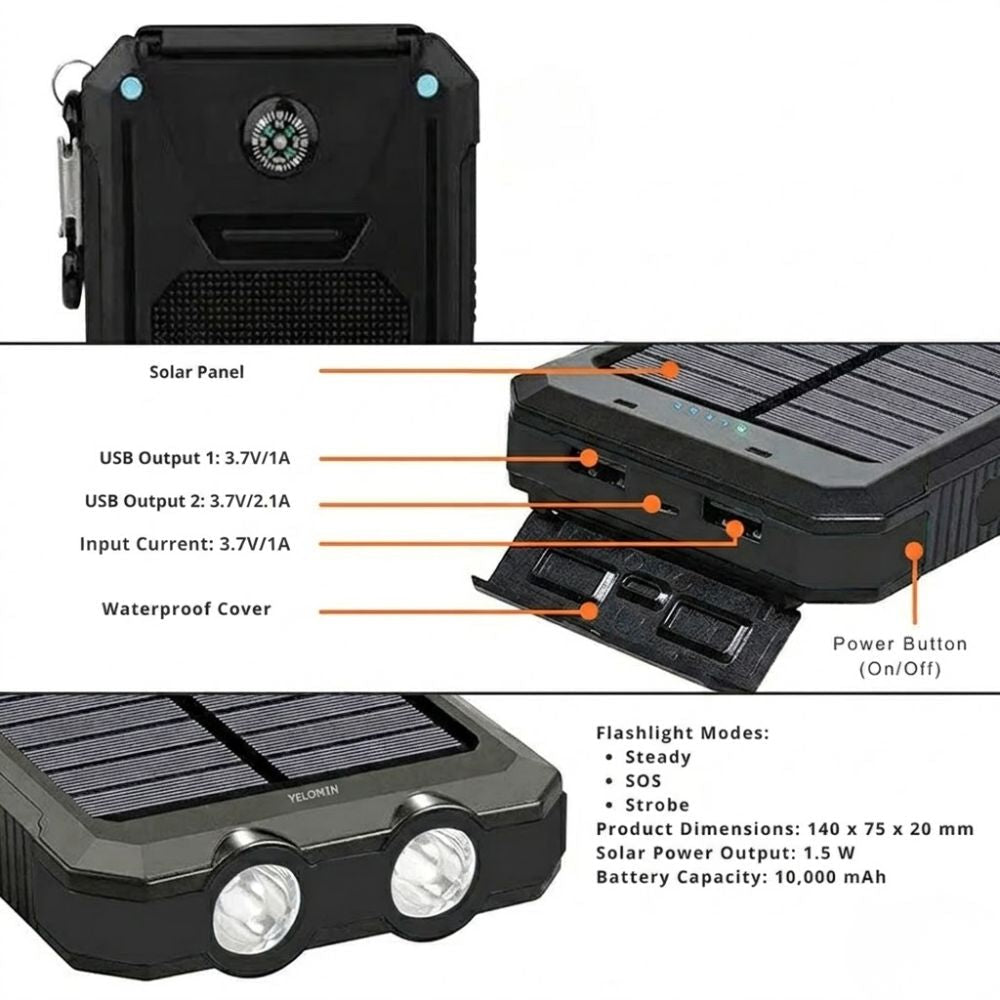 Solar Power Bank Waterproof Shockproof 10000 mAh | Active Peaks - Active Peaks